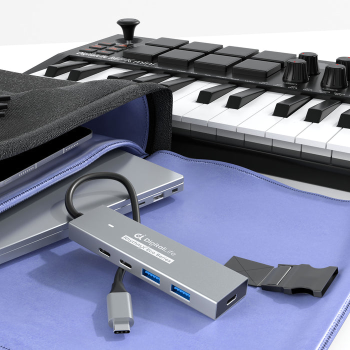 DigitalLife RhythmX Eco Serie RX-10G USB-C Hub 10Gbps (2x USB-C + 2x USB-A) USB 3.2 Gen2 Multiport-Adapter für Musikproduzenten, MIDI-Instrumente und Studio-Workflows – Metalldesign, OTG-kompatibel