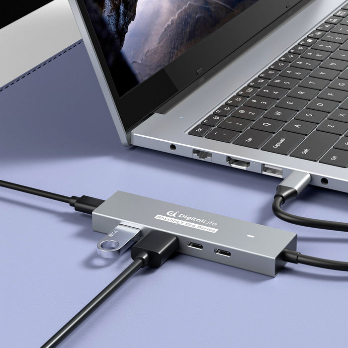 DigitalLife RhythmX Eco Serie RX-10G USB-C Hub 10Gbps (2x USB-C + 2x USB-A) USB 3.2 Gen2 Multiport-Adapter für Musikproduzenten, MIDI-Instrumente und Studio-Workflows – Metalldesign, OTG-kompatibel