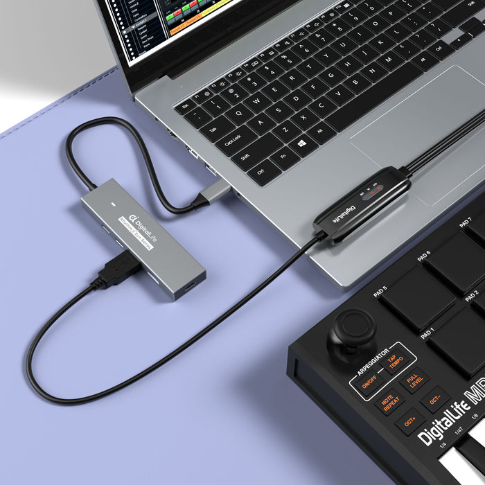 DigitalLife RhythmX Eco Serie RX-10G USB-C Hub 10Gbps (2x USB-C + 2x USB-A) USB 3.2 Gen2 Multiport-Adapter für Musikproduzenten, MIDI-Instrumente und Studio-Workflows – Metalldesign, OTG-kompatibel