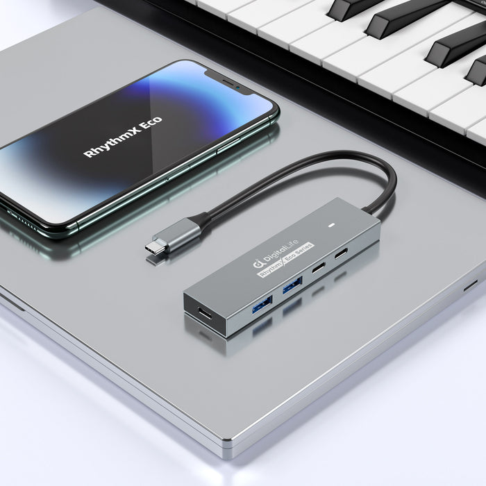 DigitalLife RhythmX Eco Serie RX-10G USB-C Hub 10Gbps (2x USB-C + 2x USB-A) USB 3.2 Gen2 Multiport-Adapter für Musikproduzenten, MIDI-Instrumente und Studio-Workflows – Metalldesign, OTG-kompatibel