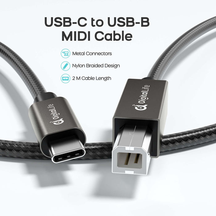 DigitalLife FlexMIDI Vortex USB C to USB B MIDI Cable 2m (1 Pack) | Compatible with USB Class-Compliant MIDI Keyboards, Synthesizers and DJ Controllers for Windows, macOS and Linux