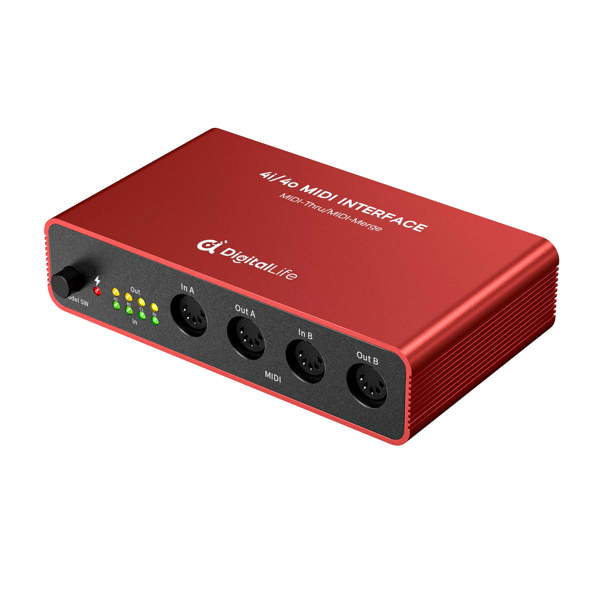 DigitalLife UMB05 4-in/4-out MIDI interface with MIDI Thru and MIDI Merge modes in red aluminium