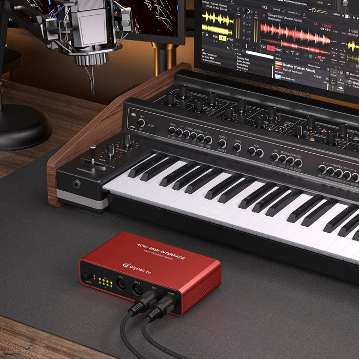 DigitalLife Quad-I/O 5-PIN DIN MIDI Interface - MIDI Thru Box (4-In/4-Out) & MIDI Merge Box (2-In/4-Out ), 8 x LED Indicators, Metal