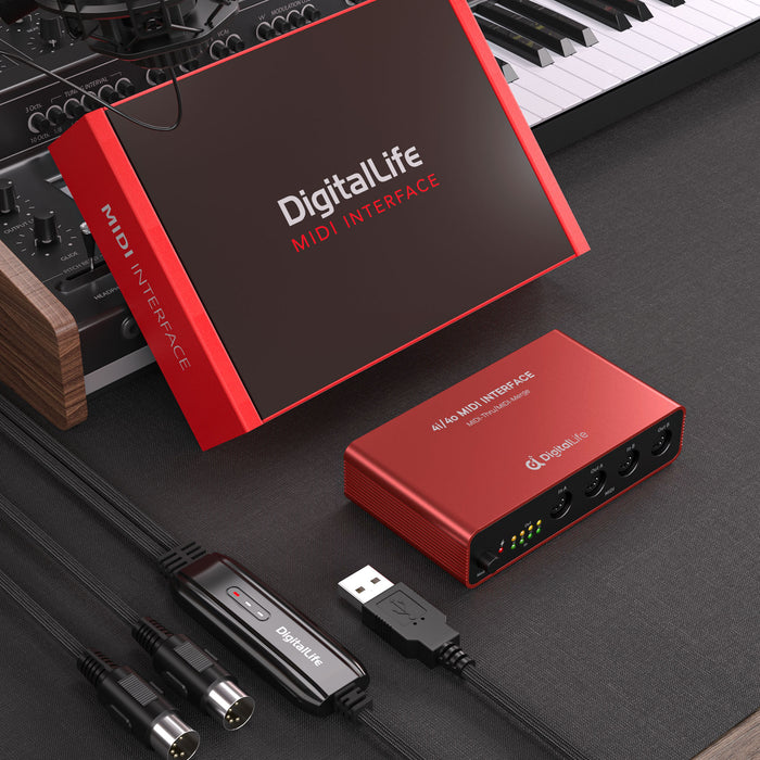 DigitalLife Quad-I/O 5-PIN DIN MIDI Interface - MIDI Thru Box (4-In/4-Out) & MIDI Merge Box (2-In/4-Out ), 8 x LED Indicators, Metal