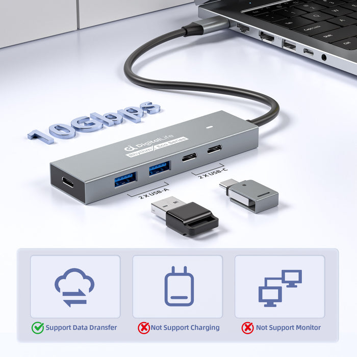 DigitalLife RhythmX Eco Serie RX-10G USB-C Hub 10Gbps (2x USB-C + 2x USB-A) USB 3.2 Gen2 Multiport-Adapter für Musikproduzenten, MIDI-Instrumente und Studio-Workflows – Metalldesign, OTG-kompatibel