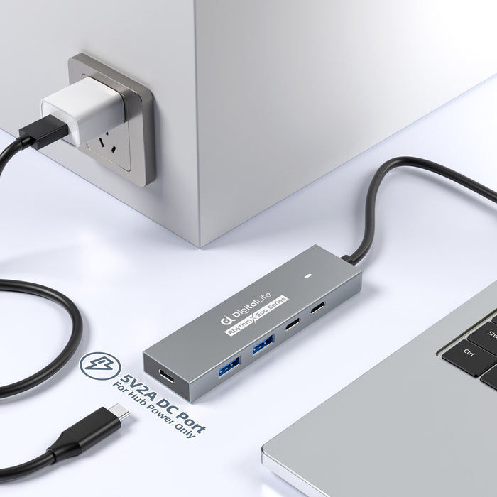 DigitalLife RhythmX Eco Serie RX-10G USB-C Hub 10Gbps (2x USB-C + 2x USB-A) USB 3.2 Gen2 Multiport-Adapter für Musikproduzenten, MIDI-Instrumente und Studio-Workflows – Metalldesign, OTG-kompatibel