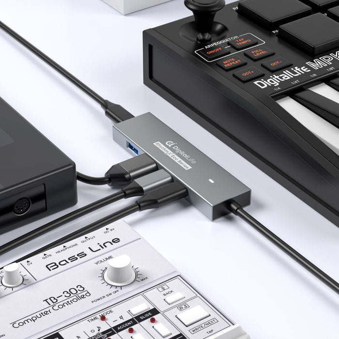 DigitalLife RhythmX Eco Serie RX-10G USB-C Hub 10Gbps (2x USB-C + 2x USB-A) USB 3.2 Gen2 Multiport-Adapter für Musikproduzenten, MIDI-Instrumente und Studio-Workflows – Metalldesign, OTG-kompatibel