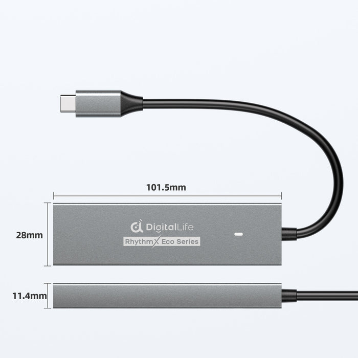 DigitalLife RhythmX Eco Serie RX-10G USB-C Hub 10Gbps (2x USB-C + 2x USB-A) USB 3.2 Gen2 Multiport-Adapter für Musikproduzenten, MIDI-Instrumente und Studio-Workflows – Metalldesign, OTG-kompatibel