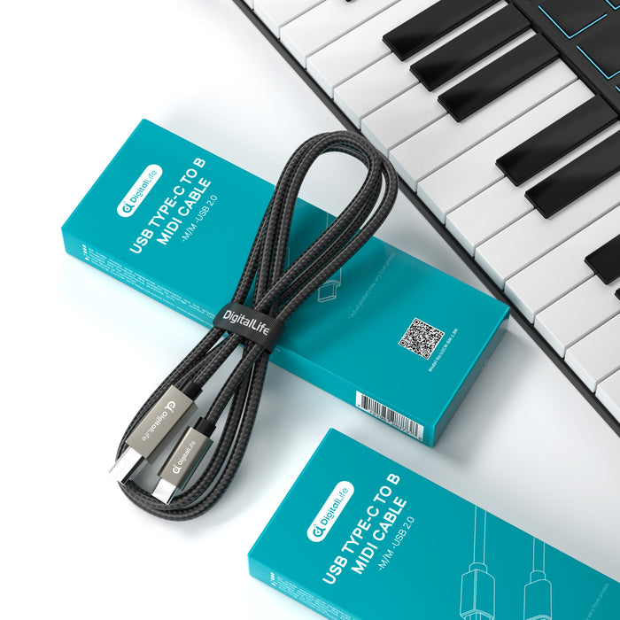 DigitalLife FlexMIDI Vortex 2M USB-C to USB-B MIDI Cable for Piano Keyboard, MIDI Controller & Audio Interface, Compatible with Windows, macOS, Linux | Nylon Braided, MIDI-CB200-II