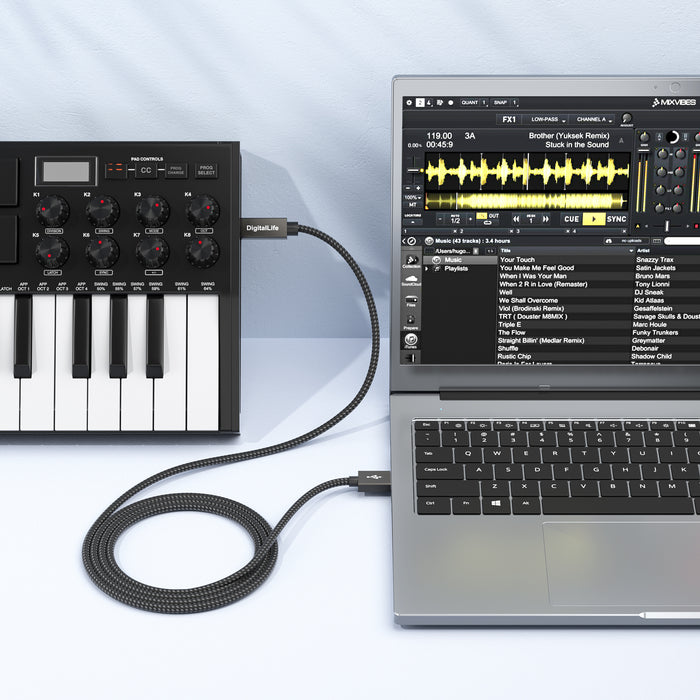DigitalLife MIDI USB auf B MIDI-Schnittstellen-Konverterkabel für MIDI-Musikinstrumente, 1,8 m, Nylon geflochten, Metall
